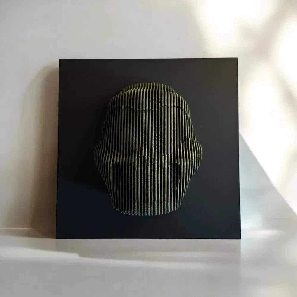 Black box with a textured green object on a white surface Doom gaming