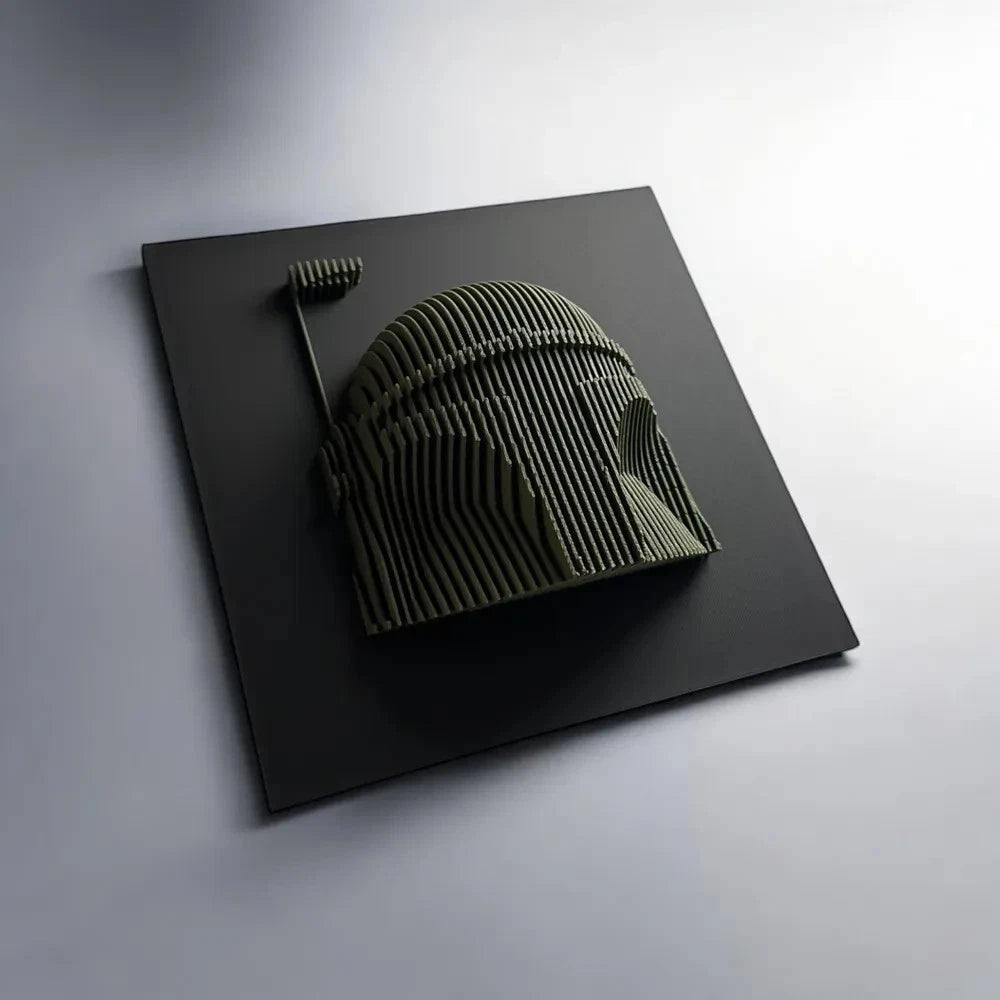 Boba Fett Dark green textured object on a black square platform against a gray background