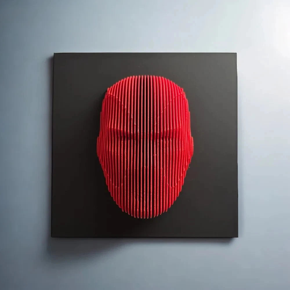 Deadpool Red textured mask on a black square platform against a gray background