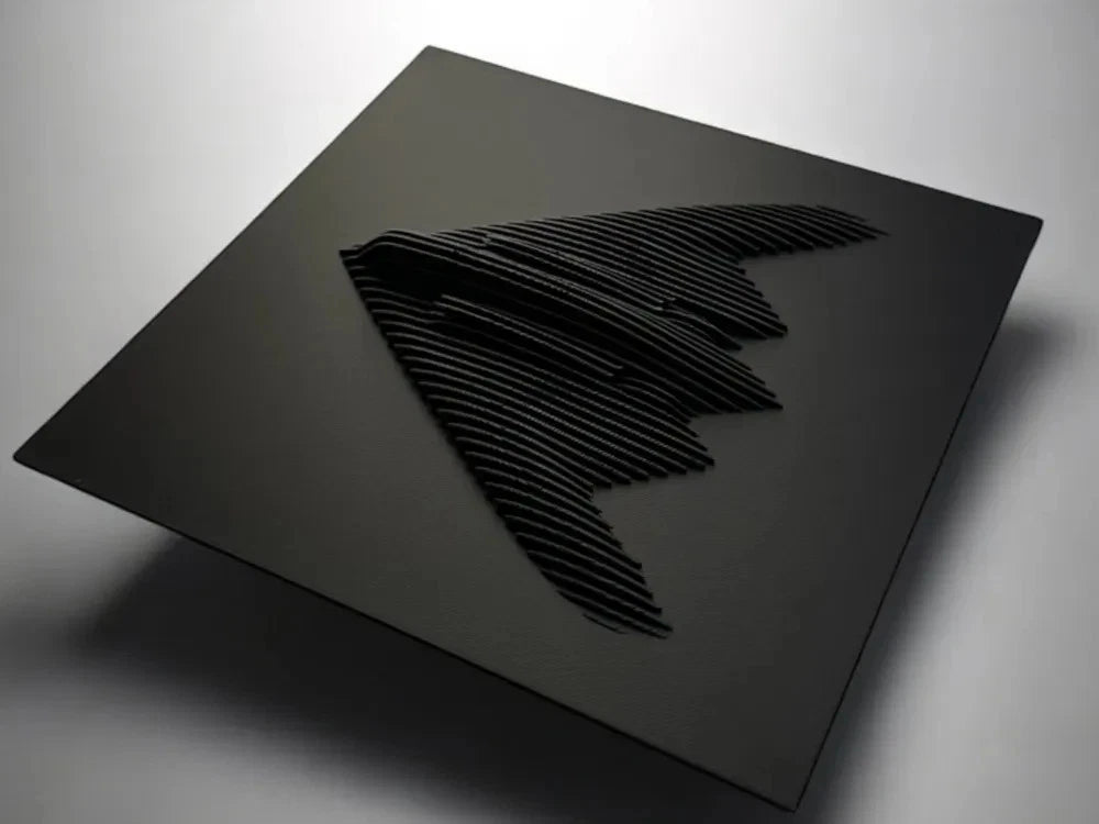 Northrop B-2 Stealth Bomber Black square object with a wing-like design on a gray background