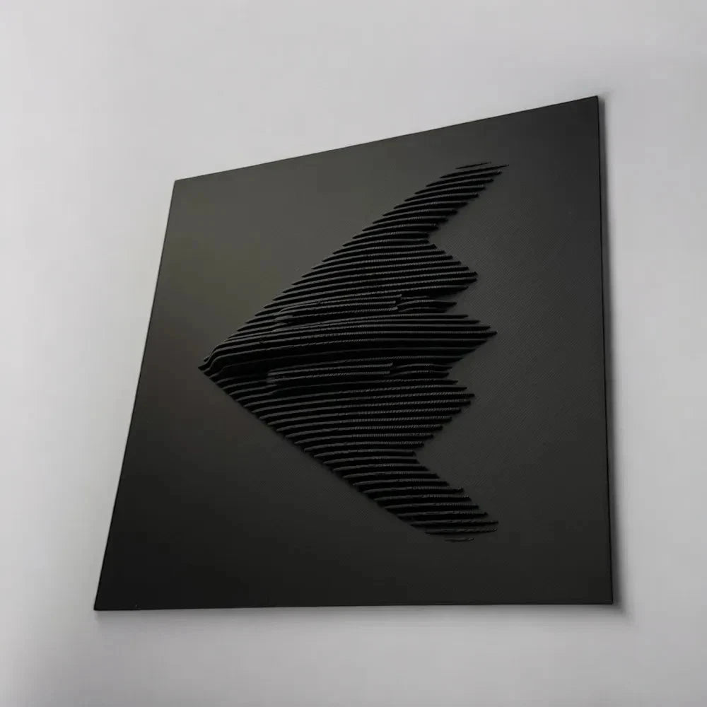 Northrop B-2 Stealth Bomber Black abstract wall art on a light gray background