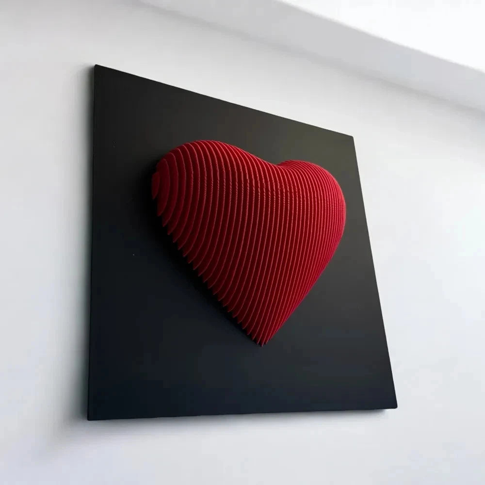 Red heart-shaped wall art on a black background